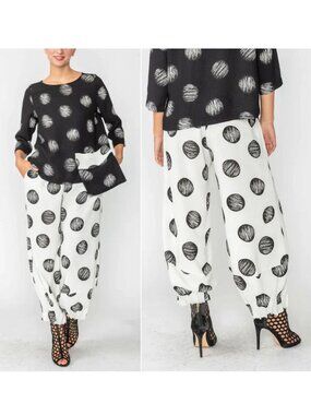 IC COLLECTION Lantern Wide Leg PANTS Size M White Dots Textured Woven NEW $150